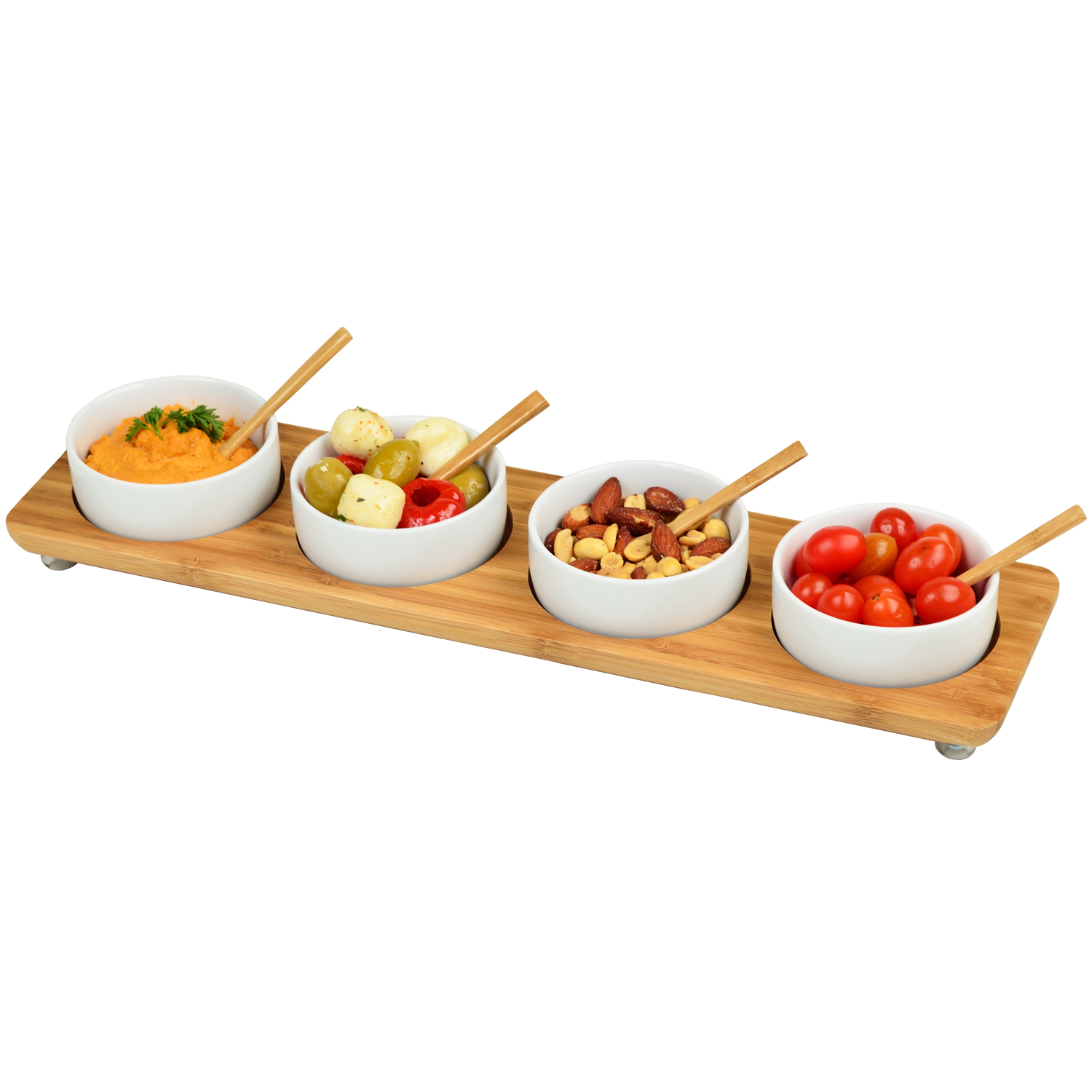 Bamboo Serving Platter with 4 Ceramic Bowls and Bamboo spoons